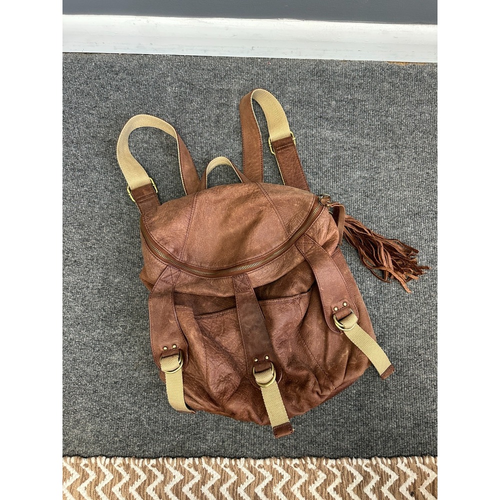 Lucky Brand Y2K Brown Distressed Leather Backpack Boho Tassel Barrel Utility Bag